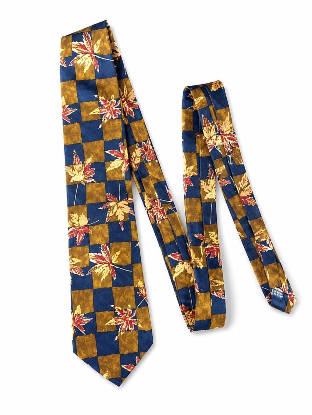 Roundtree & Yorke Blue Bronze Silk Necktie Checkerboard Leaf USA Vintage Fall